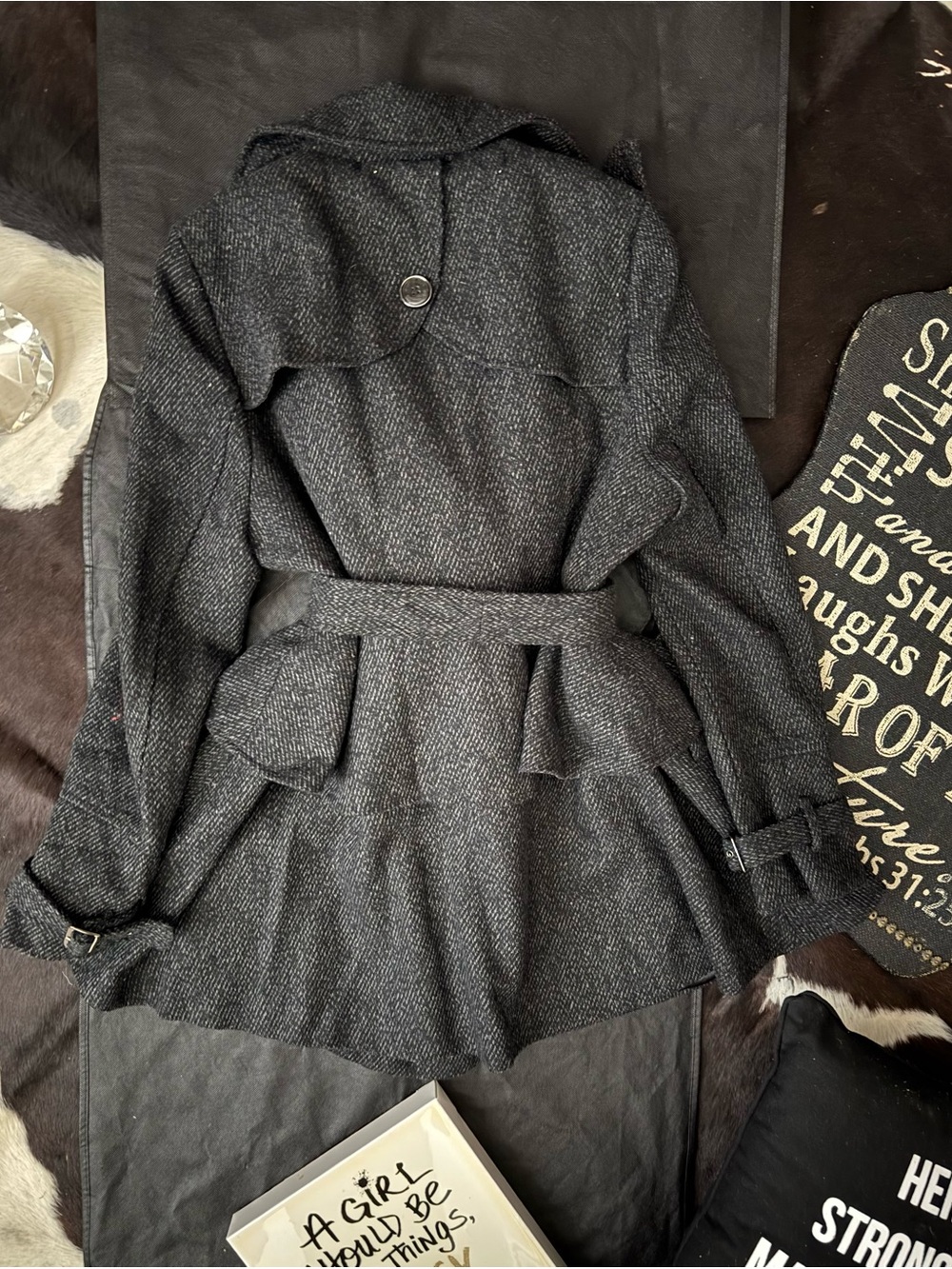 Steve Madden Charcoal Herringbone Belted Trench Coat - Picture 2 of 2